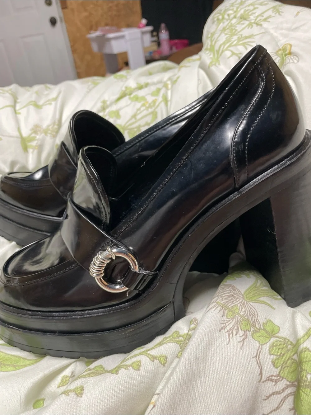 Gianni Bini Black Patent Platform Block Heel Loafers with Silver Ring